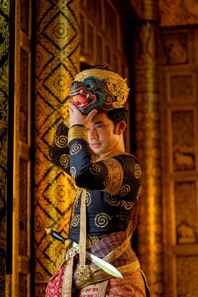 Vertical Image Asian Man Traditional Cloth Relate Khon Thai Classic — Stock Photo, Image