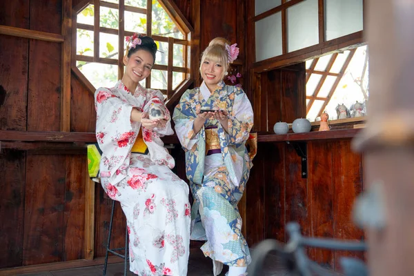 Wide Shot Two Asian Women Wear Japanese Style Dress Sit — Stock Photo, Image