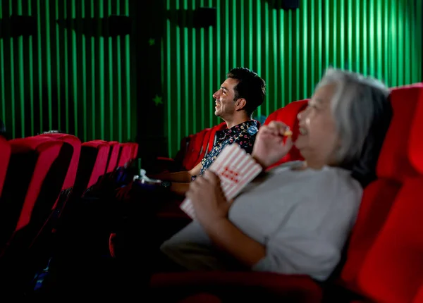 Caucasian Man Look Happy Smiling Watch Movie Cinema Theater Senior — Stock Photo, Image
