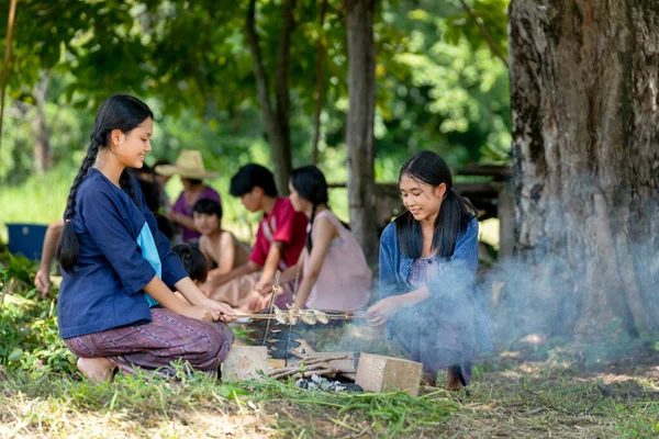 Portrait Asian Farmer Family Enjoy Have Lunch Cultivate Working Rice — Stock Photo, Image