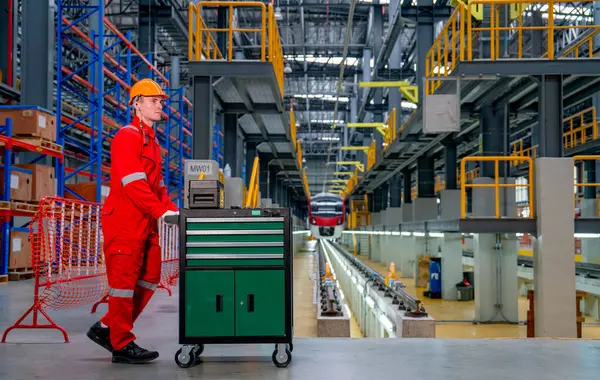 Professional technician worker push cart or cabinet of tools and equipment in front of rail track in electrical or sky train factory workplace.