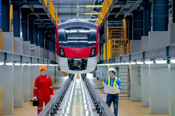 stock image Professional engineer stand with hold plan or drawing document and discuss with technician worker near railroad tracks of electrical or sky train in factory workplace.