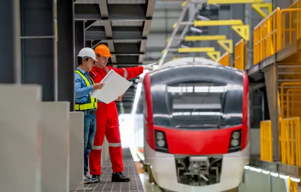 Professional engineer and technician discuss with drawing paper or plan in front of sky train or electrical tran in the factory workplace.