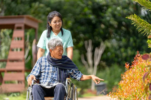 Close up Asian nurse cart of shove senior man sit on wheelchair to walk along the walkway in the garden and they look happiness outdoor and man also point to the flower in garden.