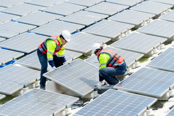 Side view of two technician workers help to install or set up solar panels over water reservoir in the plant for green energy factory system workplace.