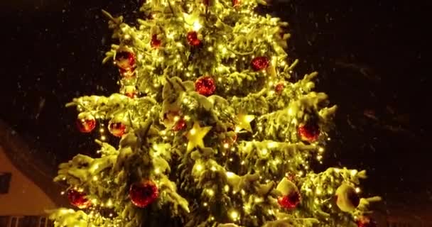 Drohnenbild Des Schönen Weihnachtsbaums Auf Der Straße Bei Starkem Schneetreiben — Stockvideo