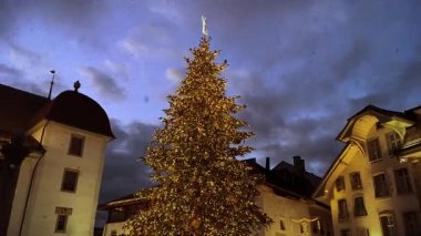 Sokakta aydınlatılmış güzel bir Noel ağacının görüntüsü.  