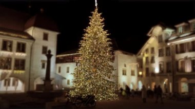 Sokakta aydınlatılmış güzel bir Noel ağacının görüntüsü.  