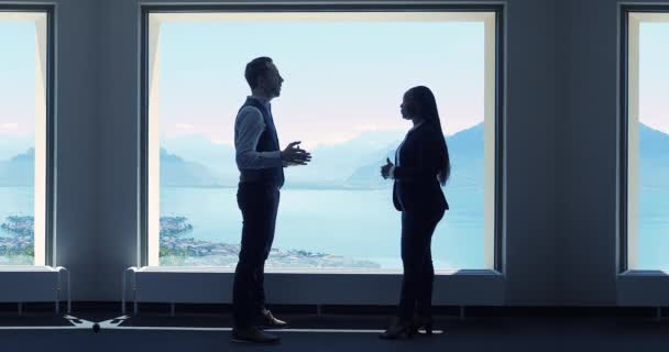 年轻的成功商人在开会 男男女女站在窗边的现代化办公室里 用一种令人叹为观止的目光交谈着 — 图库视频影像