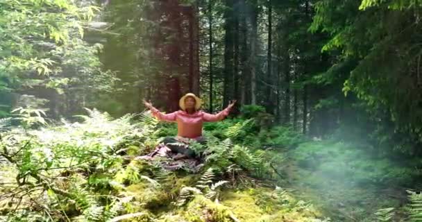 Kobieta Uprawia Jogę Pięknym Tętniącym Życiem Lesie Krajobraz Przyrody Tle — Wideo stockowe