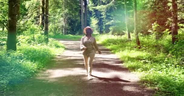 Female Walking Beautiful Vibrant Forest Nature Environment Landscape Background — Stock Video