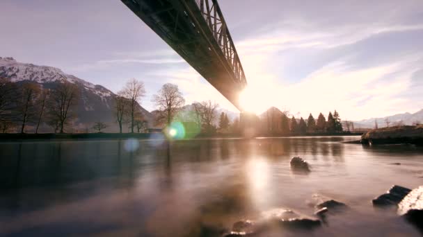 Bridge Road Crossing River Landscape Bij Sunset Light Panorama Hoge — Stockvideo