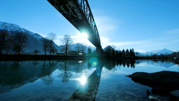 Bridge Road Crossing River Landscape Sunset Light Panorama High Quality — Stock Video