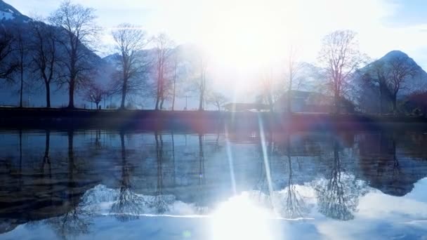 Bridge Road Crossing River Landscape Bei Sonnenuntergang Licht Panorama Hochwertiges — Stockvideo