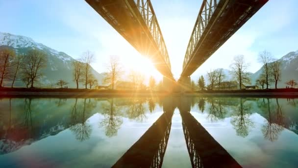 Bridge Road Crossing River Landscape Bij Sunset Light Panorama Hoge — Stockvideo