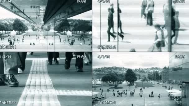 Камера Видеонаблюдения Split Screen Background Показывает Людей Идущих Улице Pulic — стоковое видео