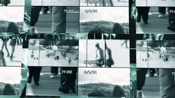 Cctv Bezpečnostní Kamera Rozdělit Obrazovku Pozadí Ukazující Lidi Kráčející Pulic — Stock video
