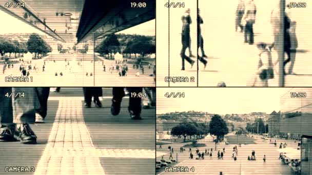 Cctv監視カメラ スプリットスクリーン背景 パリックシティストリートを歩いている人々を示しています 高品質の4K映像 — ストック動画