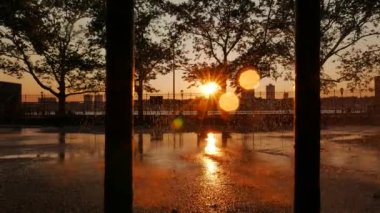 Şehir Parkı Manzarası 'nda Sunset Golden Hour' da yaz yağmuru. Yüksek kalite 4k görüntü