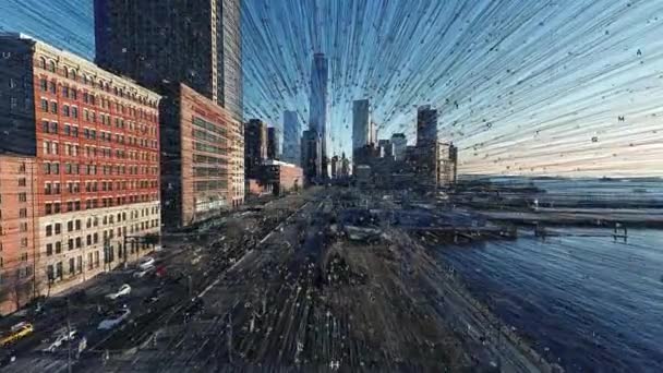 Virtual Data Artificial Intelligence Cyberspace Verbonden Met City Skyline Hoge — Stockvideo