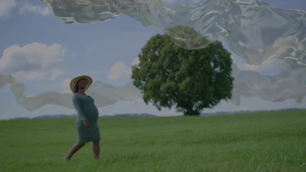 在虚幻的超现实世界里观看虚拟天空云彩的女人 高质量的4K镜头 — 图库视频影像