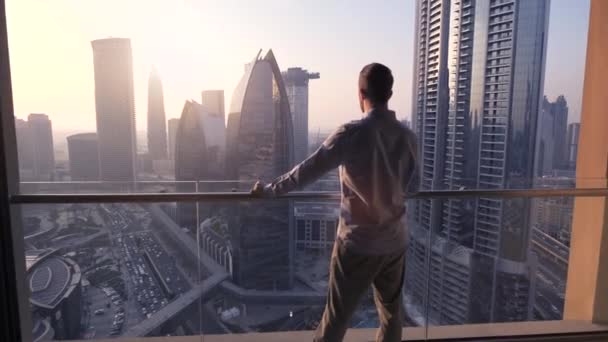 Successful Businessman Standing Balcony Overlooking Modern City Skyline High Quality — Stock Video