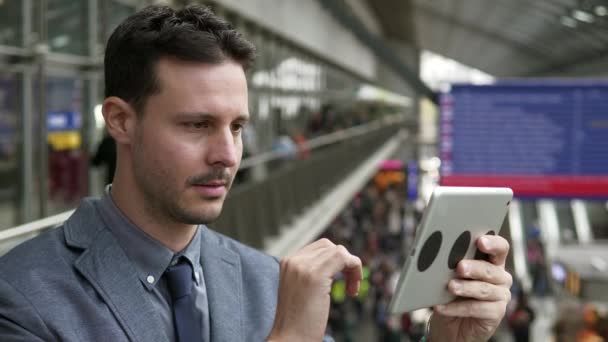Portrait Young Successful Man Using Tablet Screen Business Travel Trip — Video