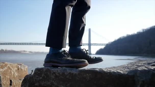 Lifestyle Portrait Man Suit Enjoying River Bridge Landscape Outdoors High — Stock Video