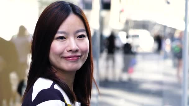 City Lifestyle Portrait Young Asian Woman Standing Urban City Street — Video