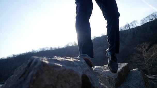 Male Person Walking Stone Rocks Overcoming Obstacles Succeed High Quality — Stock Video