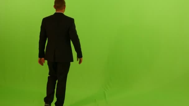 Мужчина Деловом Костюме Изолирован Зеленом Фоне Chroma Key Высококачественные Кадры — стоковое видео
