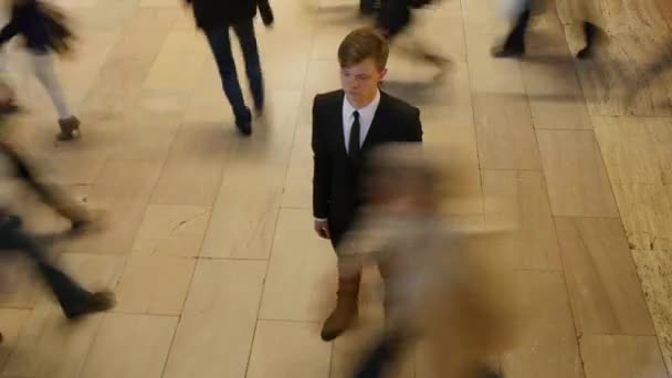 Młody Biznesmen Otoczony Przez Pieszych Dojeżdżających Ulicach Miasta Wysokiej Jakości — Wideo stockowe