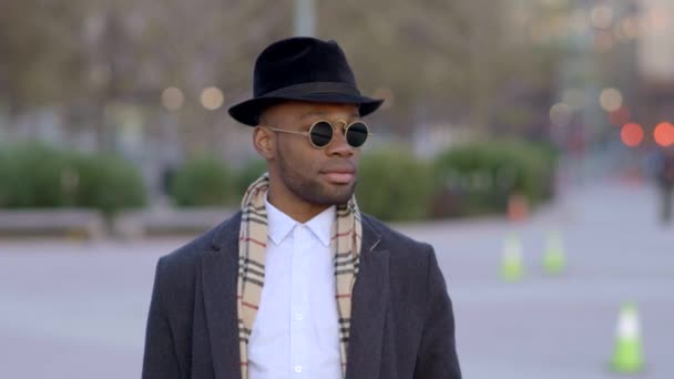 Modebewusster Männlicher Künstler Mit Hut Und Sonnenbrille Den Straßen Der — Stockvideo