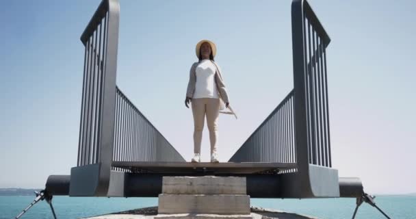 Jonge Afrikaanse Vrouw Loopt Bridge Road Met Lake Landscape Panorama — Stockvideo