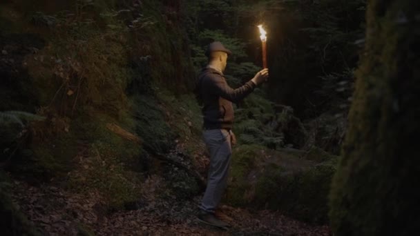 Man Holding Burning Torchlight Exploring Forest Cave Landscape Dark Night — Vídeos de Stock