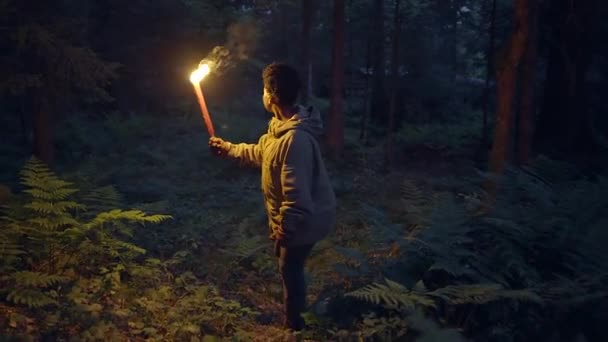 Fearless Female Person Holding Flaming Burning Torchlight Walking Outdoors High — Stock Video