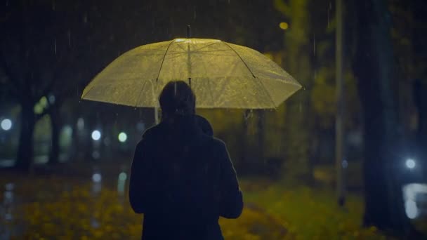 感情的な孤独な若い女性は雨の夜に泣くことを心配しました — ストック動画