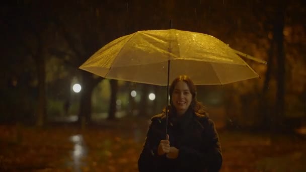 Happy Carefree Woman Dancing Umbrella Rainy Night — Stock Video