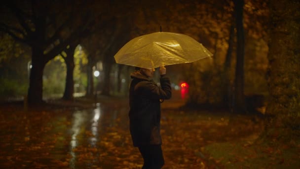 Feliz Mujer Despreocupada Bailando Con Paraguas Afuera Noche Lluviosa — Vídeo de stock