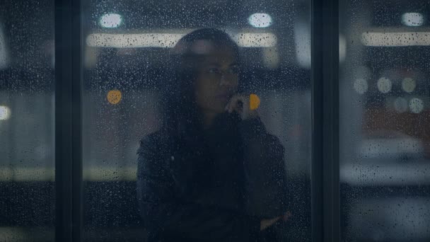 Thoughtful Young Woman Thinking Life Rain Night — Stock Video