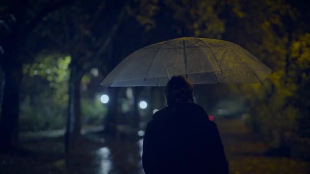 Sentimentale Einsame Junge Frau Weint Ängstlich Regnerischer Nacht — Stockvideo