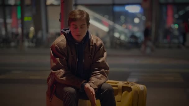 Thoughtful Young Man Lost Trainstation Lonely Worried Waiting — Stock Video