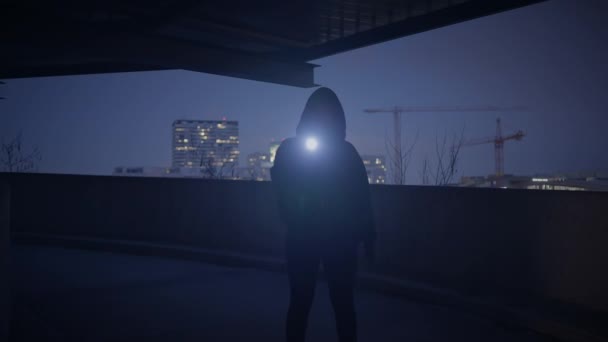 Ängstliche Junge Frau Mit Taschenlampe Draußen Dunkler Nacht — Stockvideo