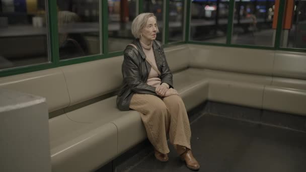 Kalabalık Tren Stasyonunda Bekleyen Endişeli Yaşlı Kadın — Stok video