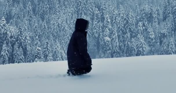 Caminante Caminando Nieve Profunda Aire Libre Paisaje Forestal Imágenes Alta — Vídeo de stock