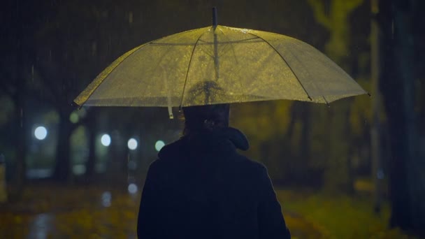 Enttäuschte Weibliche Person Miserabler Stimmung Mit Regenschirm — Stockvideo