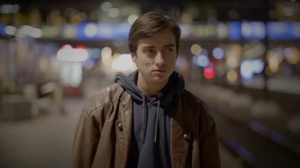 Thoughtful Young Man Lost Trainstation Lonely Worried Waiting — Stock Video