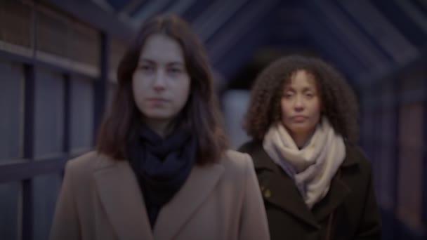 Elégant Modèles Féminins Élégants Regardant Exposition Architecture Urbaine Créative — Video