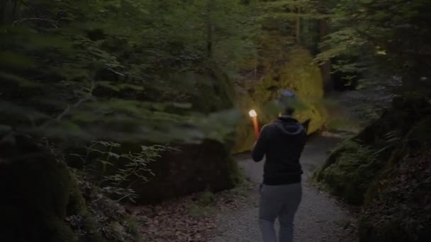 Man Holding Burning Torchlight Exploring Forest Cave Landscape Dark Night — Vídeo de Stock