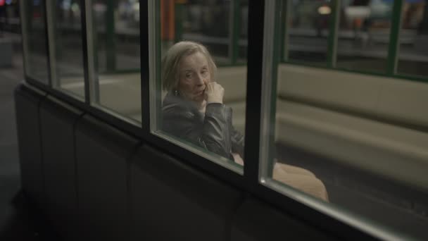 Zaniepokojona Starsza Kobieta Czeka Zatłoczonej Trainstation Podróżując — Wideo stockowe
